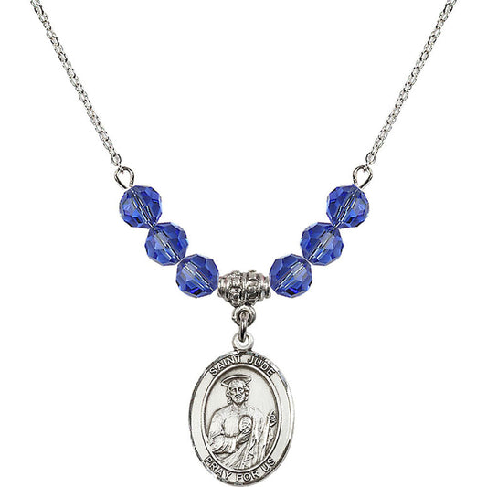 Sterling Silver Saint Jude Thaddeus Birthstone Necklace with Sapphire Beads - 8060