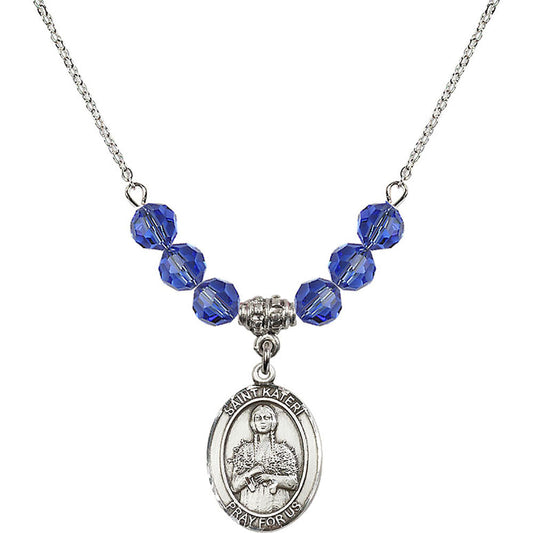 Sterling Silver Saint Kateri Tekakwitha Birthstone Necklace with Sapphire Beads - 8061