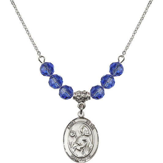 Sterling Silver Saint Kevin Birthstone Necklace with Sapphire Beads - 8062
