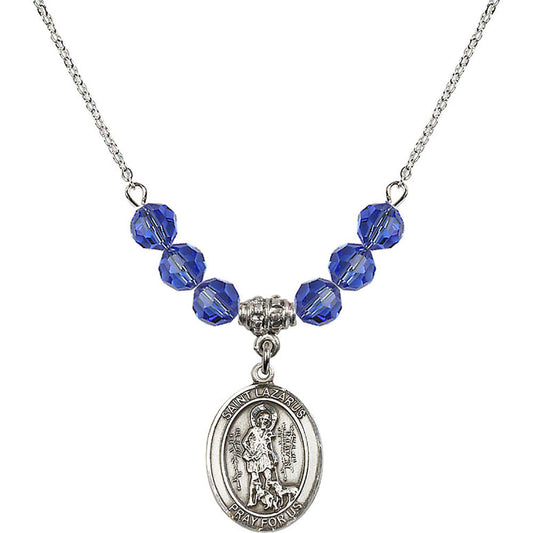 Sterling Silver Saint Lazarus Birthstone Necklace with Sapphire Beads - 8066