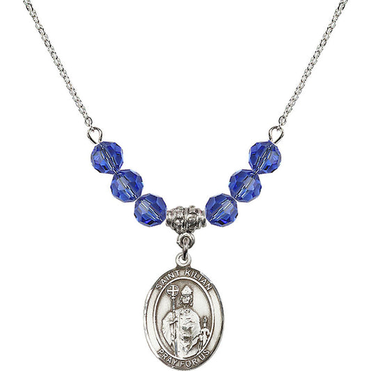 Sterling Silver Saint Kilian Birthstone Necklace with Sapphire Beads - 8067