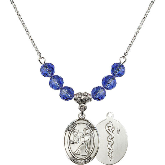 Sterling Silver Saint Luke the Apostle / Doctor Birthstone Necklace with Sapphire Beads - 8068