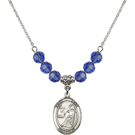 Sterling Silver Saint Luke the Apostle Birthstone Necklace with Sapphire Beads - 8068