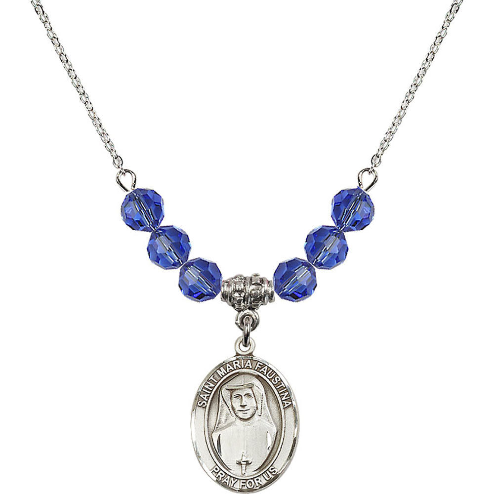 Sterling Silver Saint Maria Faustina Birthstone Necklace with Sapphire Beads - 8069