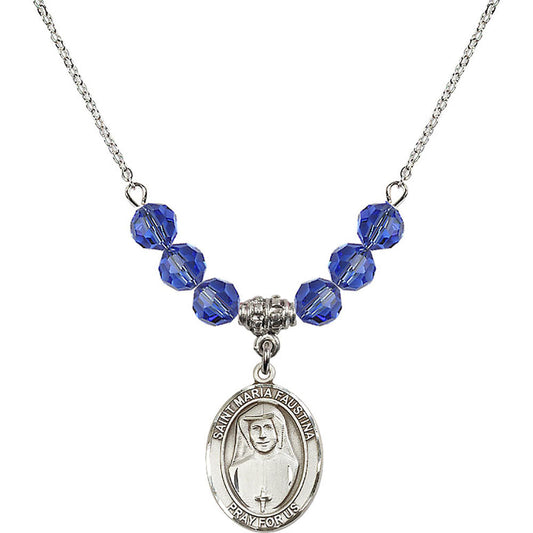 Sterling Silver Saint Maria Faustina Birthstone Necklace with Sapphire Beads - 8069