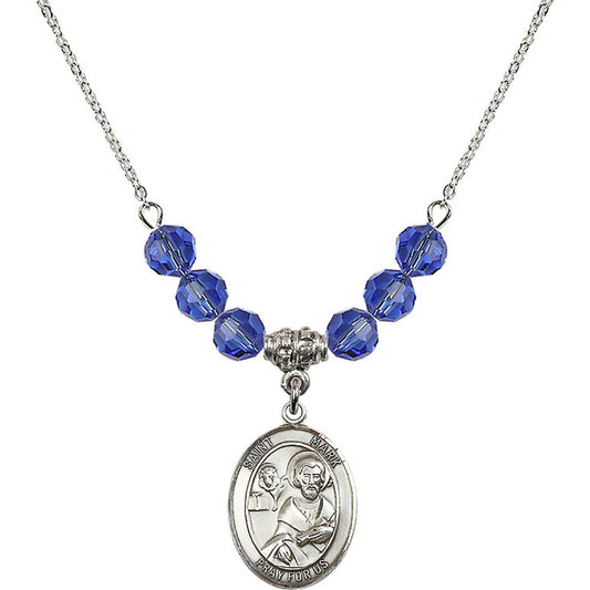Sterling Silver Saint Mark the Evangelist Birthstone Necklace with Sapphire Beads - 8070