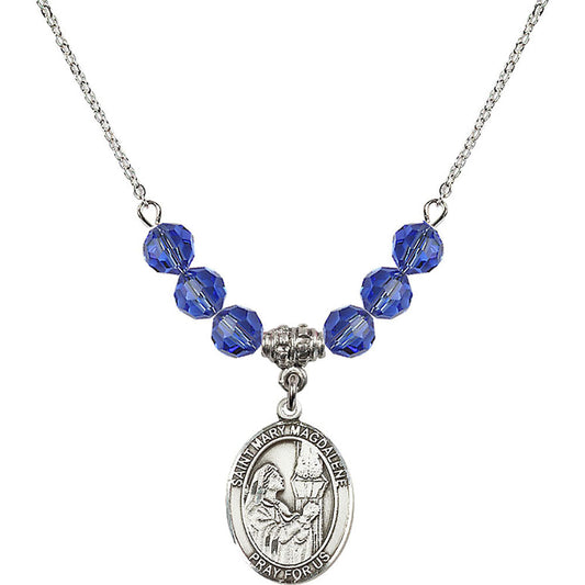 Sterling Silver Saint Mary Magdalene Birthstone Necklace with Sapphire Beads - 8071