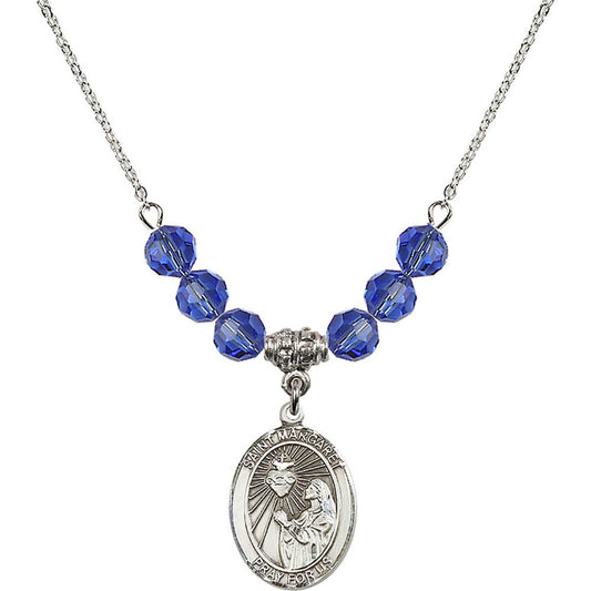 Sterling Silver Saint Margaret Mary Alacoque Birthstone Necklace with Sapphire Beads - 8072