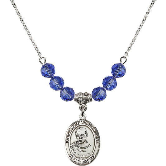 Sterling Silver Saint Maximilian Kolbe Birthstone Necklace with Sapphire Beads - 8073