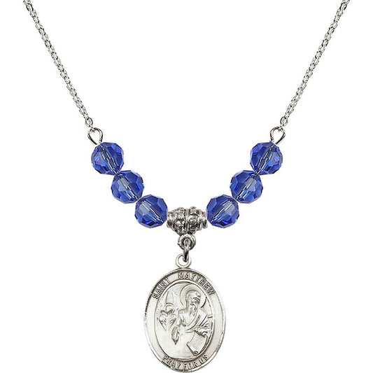 Sterling Silver Saint Matthew the Apostle Birthstone Necklace with Sapphire Beads - 8074
