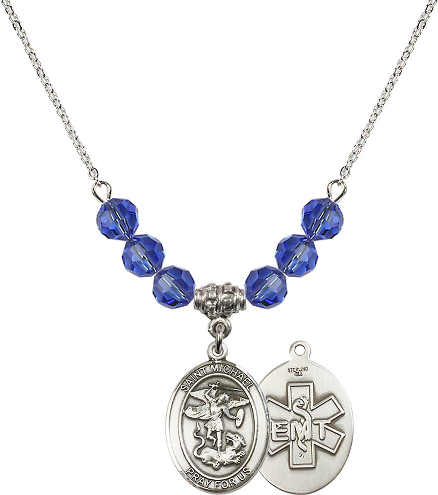 Sterling Silver Saint Michael / EMT Birthstone Necklace with Sapphire Beads - 8076