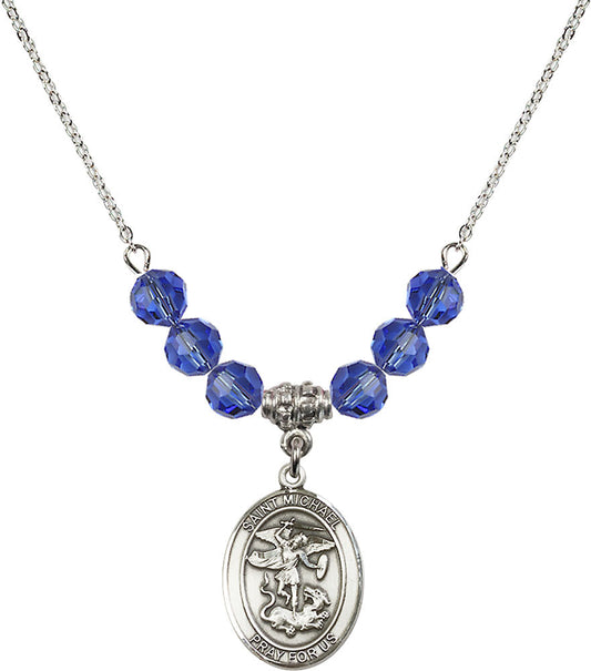 Sterling Silver Saint Michael the Archangel Birthstone Necklace with Sapphire Beads - 8076