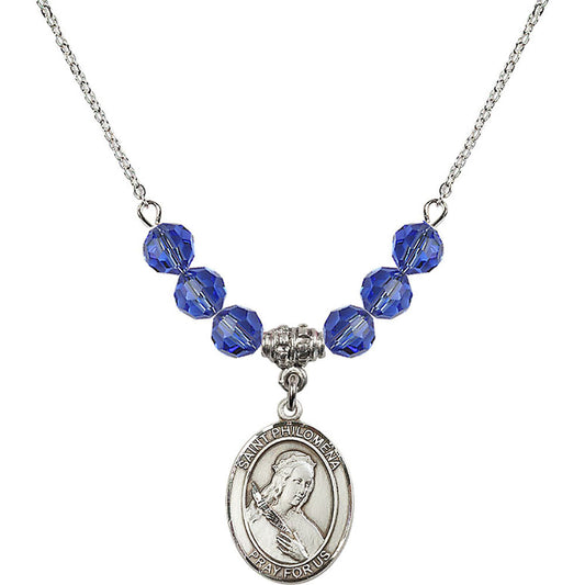 Sterling Silver Saint Philomena Birthstone Necklace with Sapphire Beads - 8077