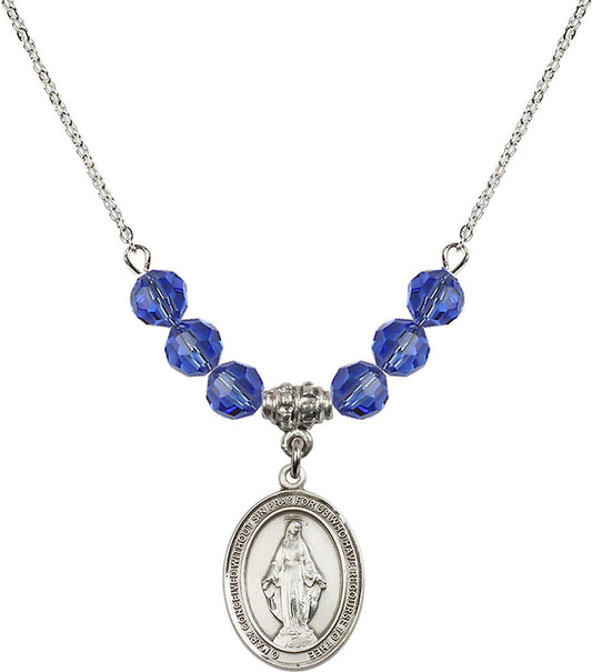 Sterling Silver Miraculous Birthstone Necklace with Sapphire Beads - 8078