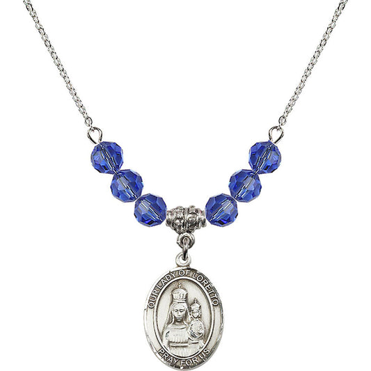 Sterling Silver Our Lady of Loretto Birthstone Necklace with Sapphire Beads - 8082