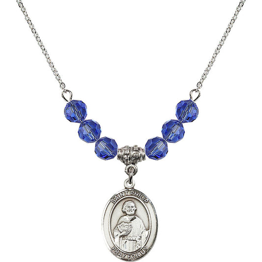 Sterling Silver Saint Philip the Apostle Birthstone Necklace with Sapphire Beads - 8083