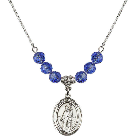 Sterling Silver Saint Patrick Birthstone Necklace with Sapphire Beads - 8084