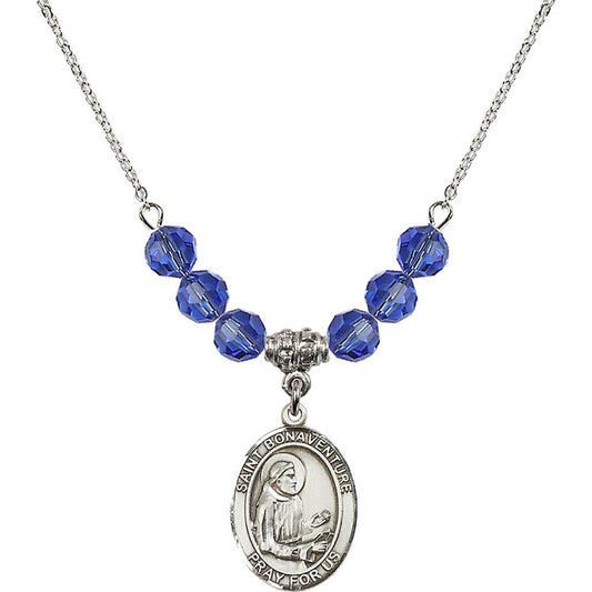Sterling Silver Saint Bonaventure Birthstone Necklace with Sapphire Beads - 8085