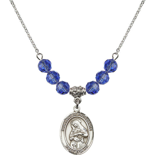 Sterling Silver Our Lady of Providence Birthstone Necklace with Sapphire Beads - 8087