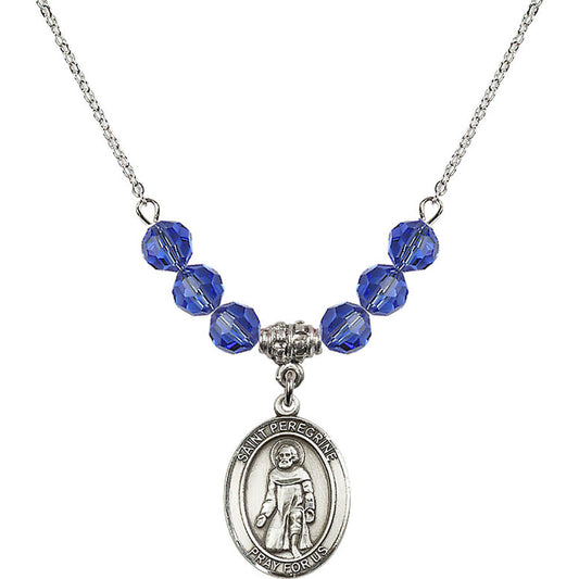 Sterling Silver Saint Peregrine Laziosi Birthstone Necklace with Sapphire Beads - 8088