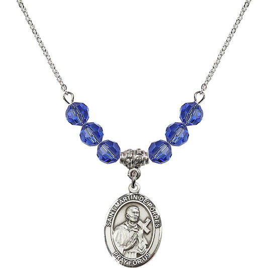 Sterling Silver Saint Martin de Porres Birthstone Necklace with Sapphire Beads - 8089