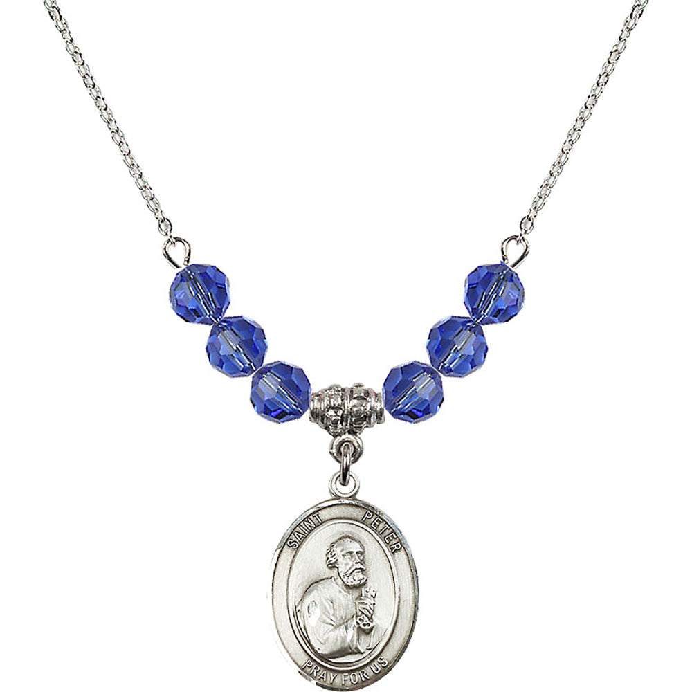 Sterling Silver Saint Peter the Apostle Birthstone Necklace with Sapphire Beads - 8090