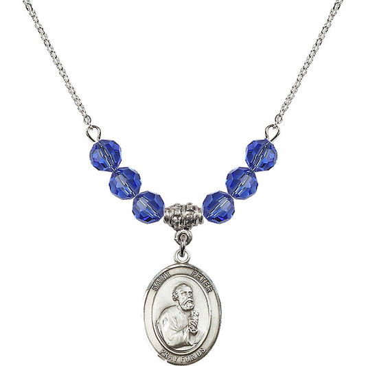 Sterling Silver Saint Peter the Apostle Birthstone Necklace with Sapphire Beads - 8090