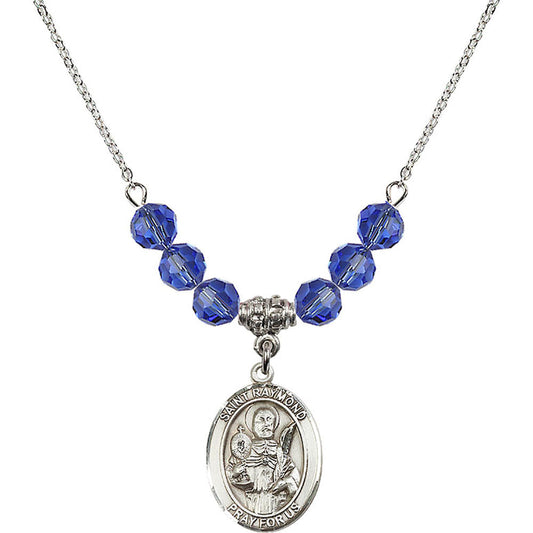 Sterling Silver Saint Raymond Nonnatus Birthstone Necklace with Sapphire Beads - 8091