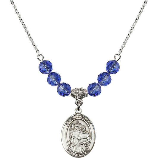 Sterling Silver Saint Raphael the Archangel Birthstone Necklace with Sapphire Beads - 8092
