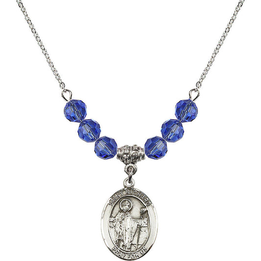 Sterling Silver Saint Richard Birthstone Necklace with Sapphire Beads - 8093