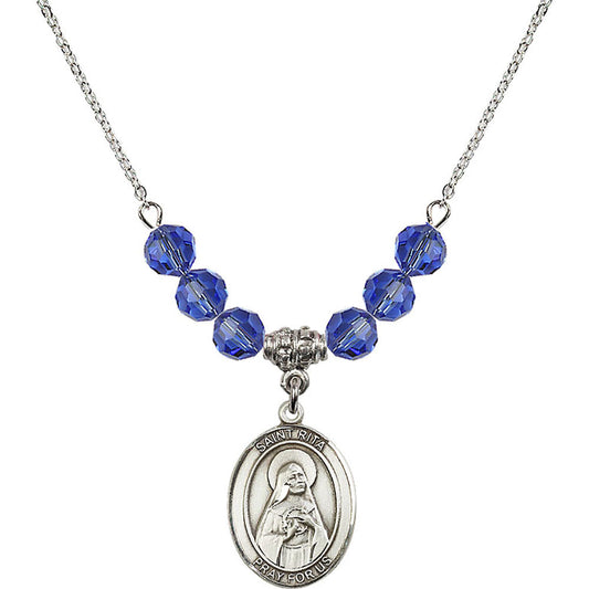 Sterling Silver Saint Rita of Cascia Birthstone Necklace with Sapphire Beads - 8094