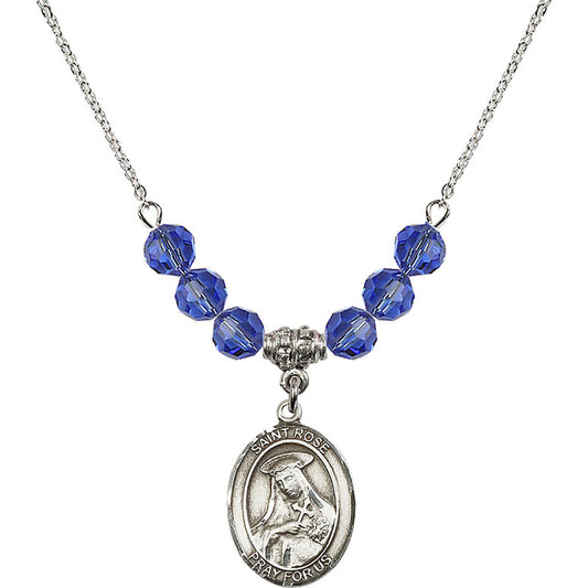 Sterling Silver Saint Rose of Lima Birthstone Necklace with Sapphire Beads - 8095