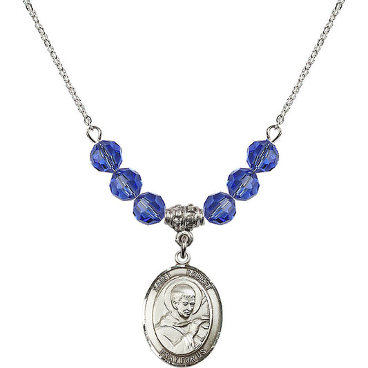 Sterling Silver Saint Robert Bellarmine Birthstone Necklace with Sapphire Beads - 8096