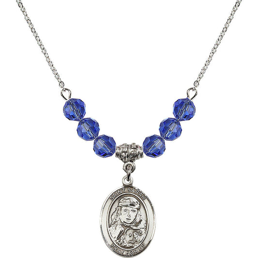 Sterling Silver Saint Sarah Birthstone Necklace with Sapphire Beads - 8097