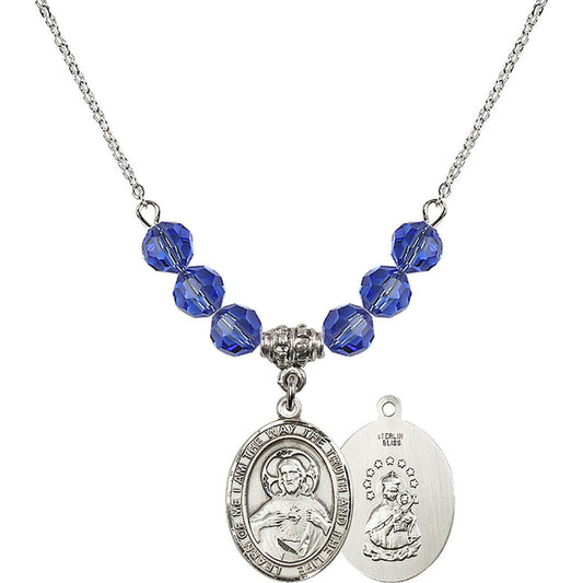 Sterling Silver Scapular Birthstone Necklace with Sapphire Beads - 8098