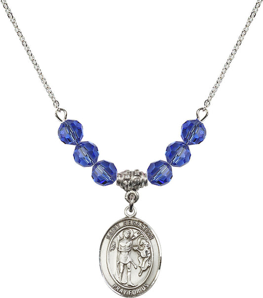 Sterling Silver Saint Sebastian Birthstone Necklace with Sapphire Beads - 8100