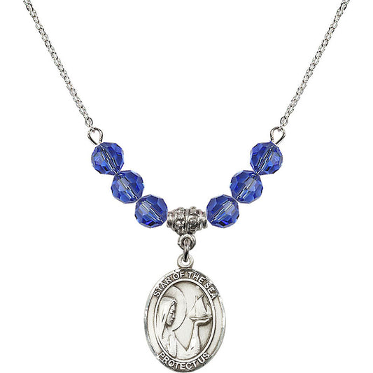 Sterling Silver Our Lady Star of the Sea Birthstone Necklace with Sapphire Beads - 8101