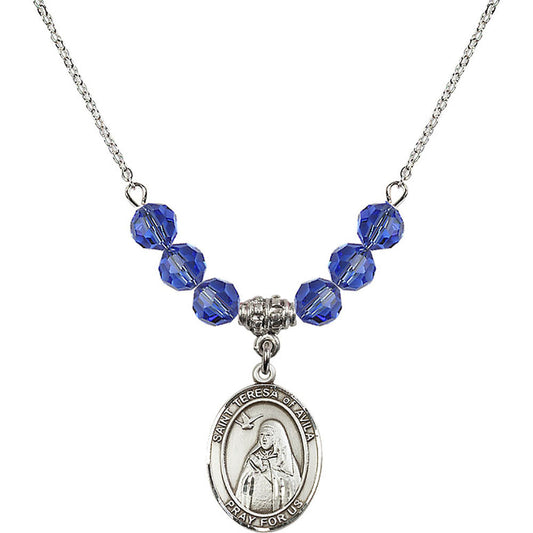 Sterling Silver Saint Teresa of Avila Birthstone Necklace with Sapphire Beads - 8102