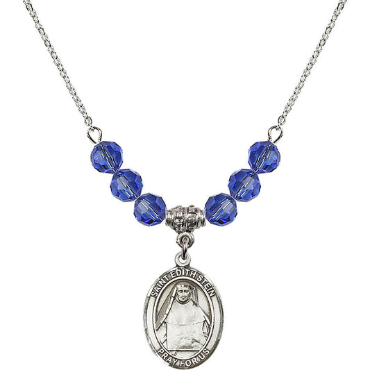 Sterling Silver Saint Edith Stein Birthstone Necklace with Sapphire Beads - 8103