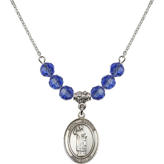 Sterling Silver Saint Stephen the Martyr Birthstone Necklace with Sapphire Beads - 8104