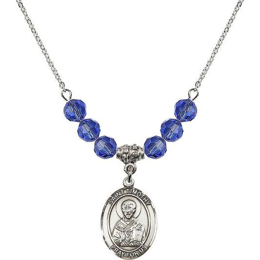 Sterling Silver Saint Timothy Birthstone Necklace with Sapphire Beads - 8105