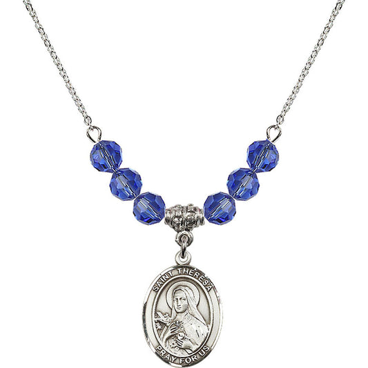 Sterling Silver Saint Theresa Birthstone Necklace with Sapphire Beads - 8106