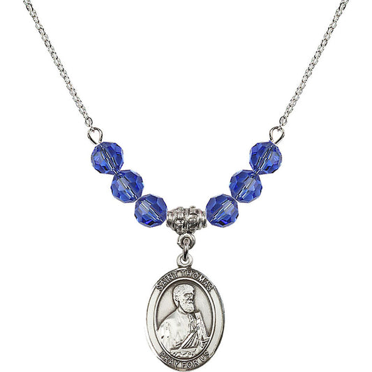 Sterling Silver Saint Thomas the Apostle Birthstone Necklace with Sapphire Beads - 8107