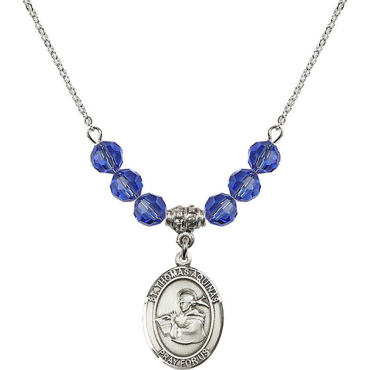 Sterling Silver Saint Thomas Aquinas Birthstone Necklace with Sapphire Beads - 8108