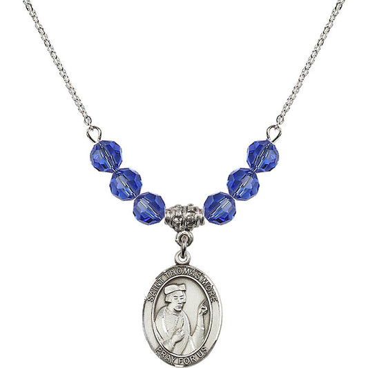Sterling Silver Saint Thomas More Birthstone Necklace with Sapphire Beads - 8109