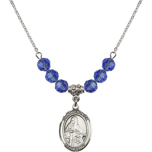 Sterling Silver Saint Veronica Birthstone Necklace with Sapphire Beads - 8110