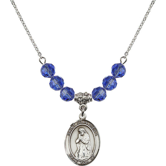 Sterling Silver Saint Juan Diego Birthstone Necklace with Sapphire Beads - 8111