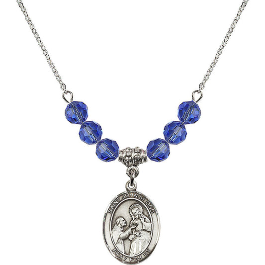 Sterling Silver Saint John of God Birthstone Necklace with Sapphire Beads - 8112