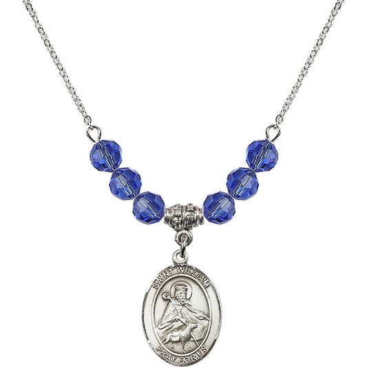 Sterling Silver Saint William of Rochester Birthstone Necklace with Sapphire Beads - 8114