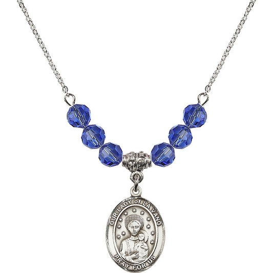 Sterling Silver Our Lady of la Vang Birthstone Necklace with Sapphire Beads - 8115